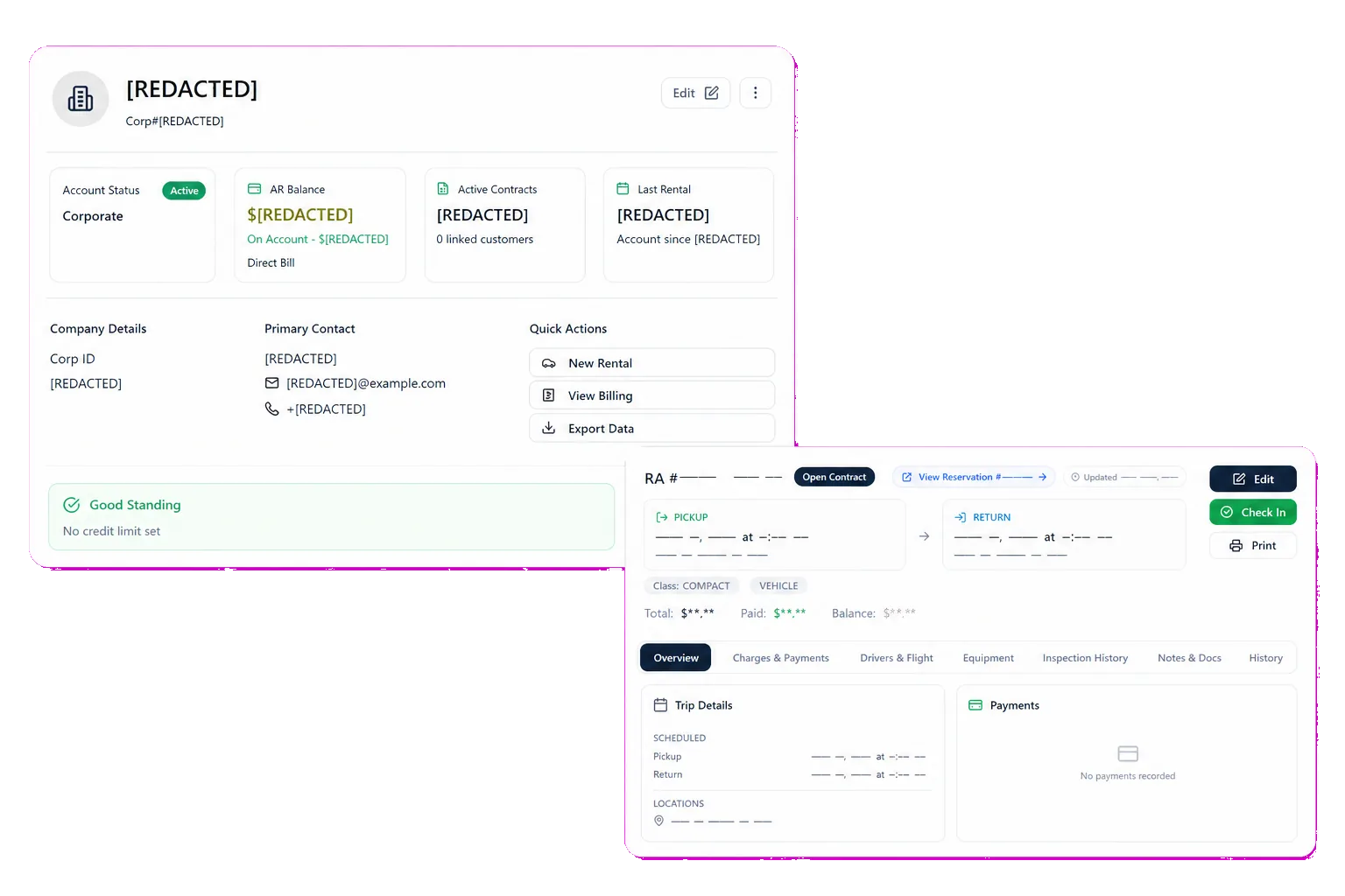 Keep long-term rentals, account rules, and billing in one record.