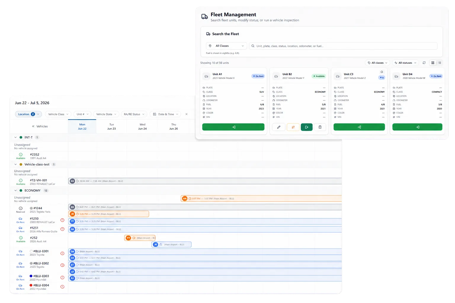 Keep every vehicle, reservation, return, and hold in one operating view.