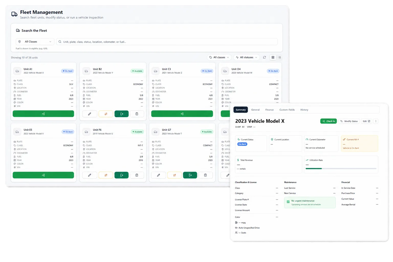 See vehicle status, availability, service, and utilization in rental context