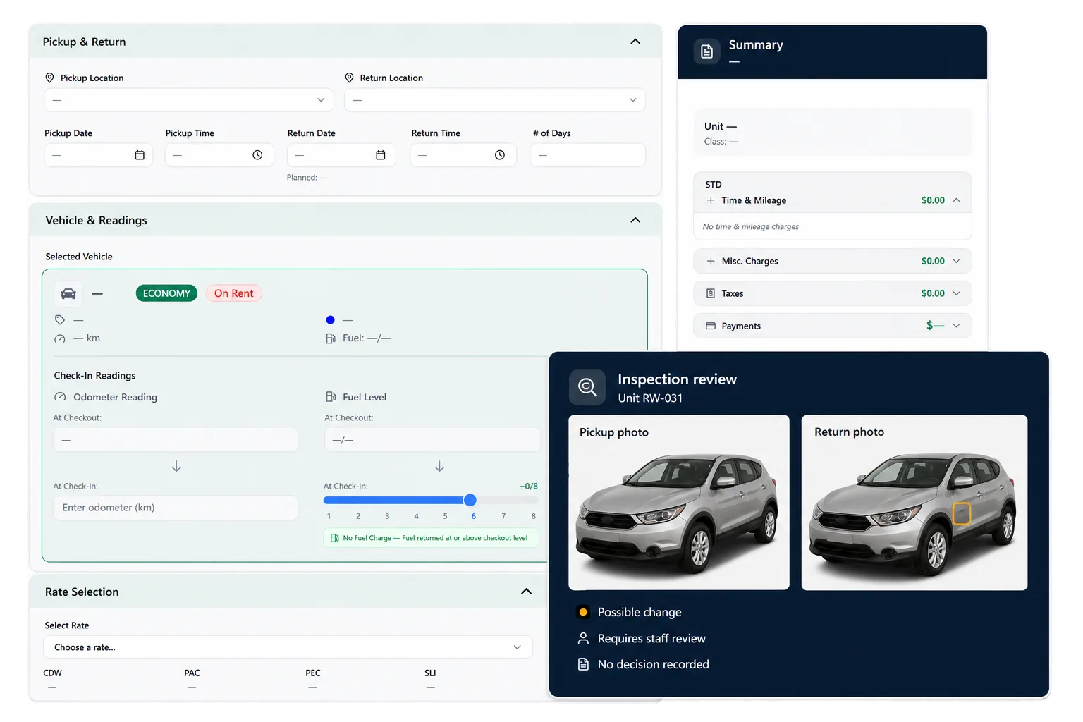 Pickup and return photos with possible condition changes flagged for staff review inside the RentWorks Plus inspection workflow.