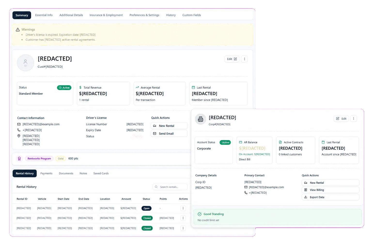 Keep renter and company-account context with the rental record