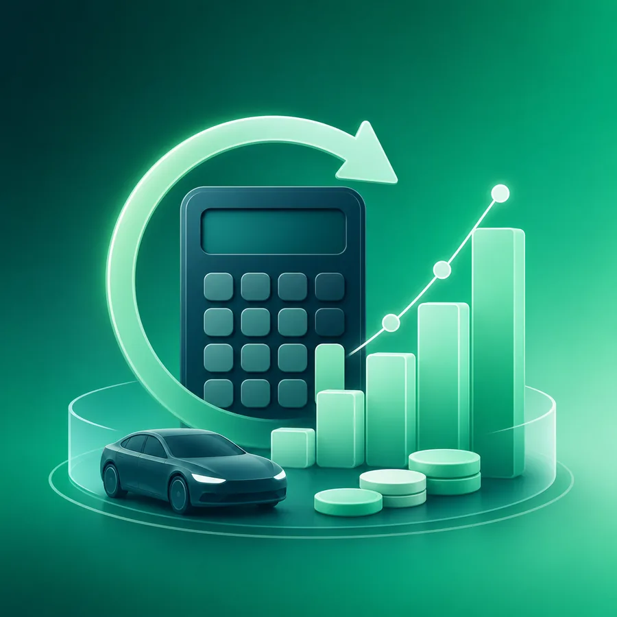 Car rental revenue ROI calculator showing a rising revenue chart with a vehicle and coins