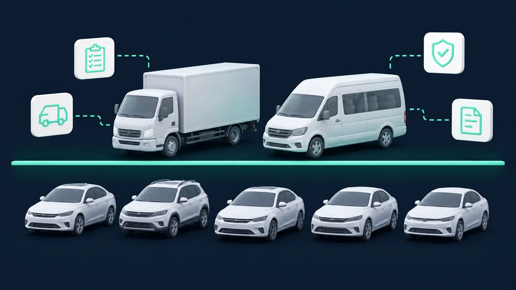The 10,001 pound GVWR line drawn across a mixed rental fleet, with sedans and SUVs sitting below it outside FMCSA Part 396 and a box truck and 15-passenger van sitting above it inside the rule