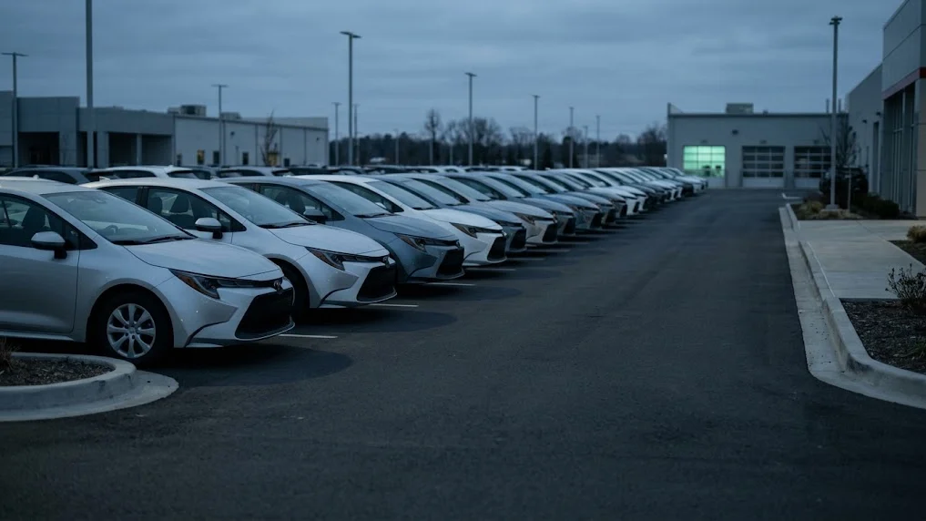 A long row of identical courtesy vehicles parked and unassigned in a dealership lot at dusk, with one service bay still lit