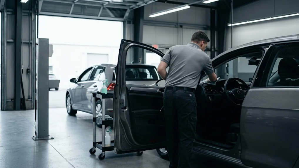 A dealership technician cleaning the interior of a returned loaner vehicle in the prep bay so it can go back out the same day