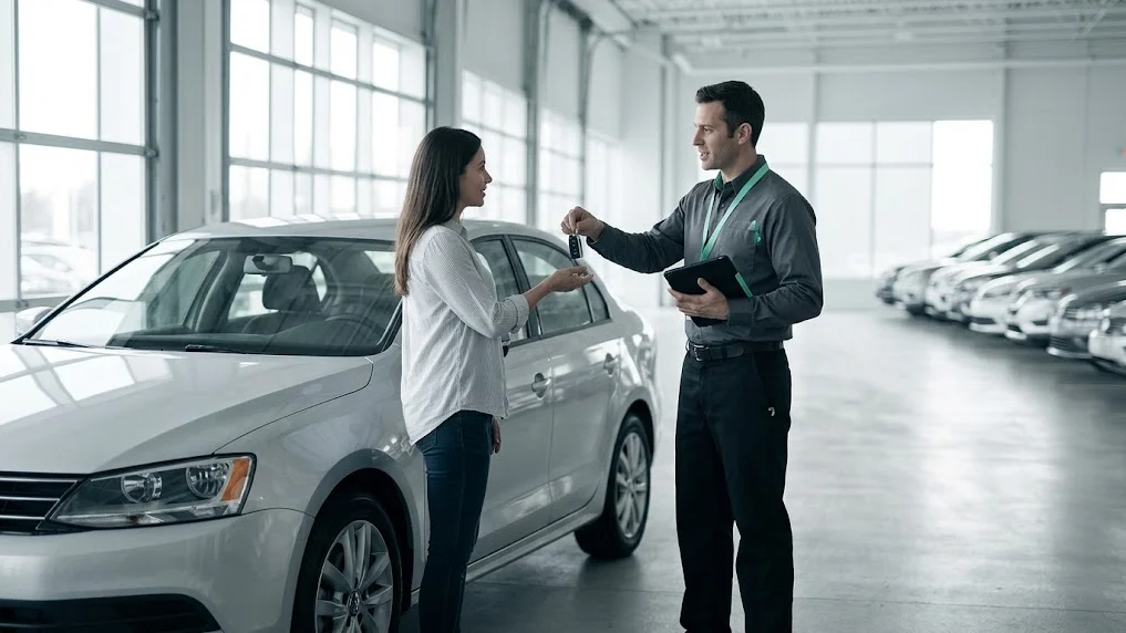 A dealership service advisor hands courtesy vehicle keys to a customer beside a white sedan, with a row of loaner units parked behind them