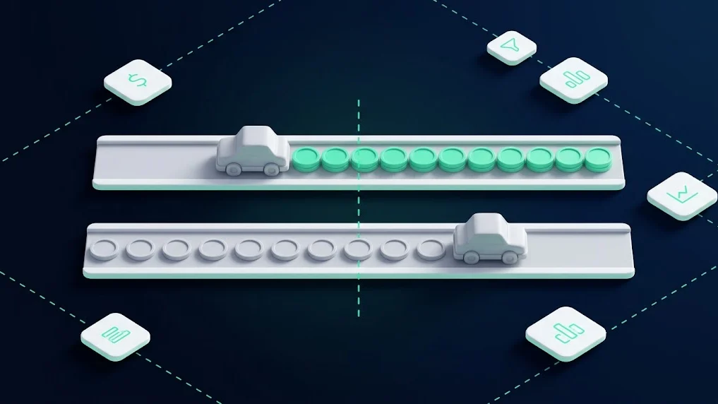 Two parallel tracks comparing a rental day, which accumulates revenue behind the vehicle, with a loaner day, which accumulates none