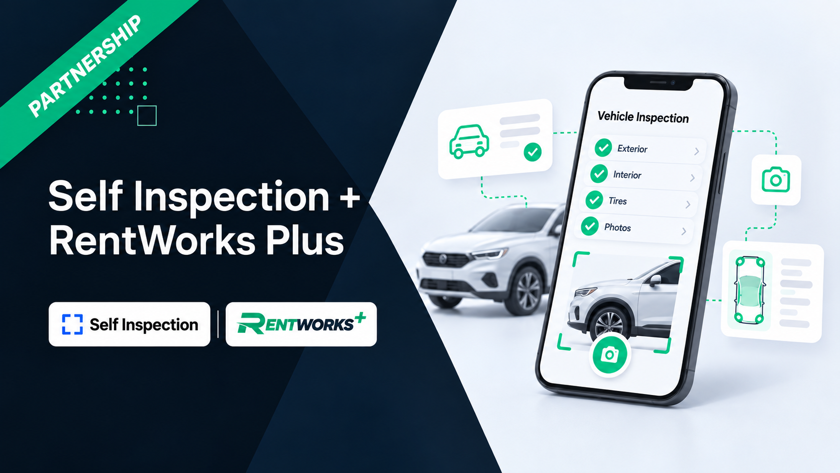 Self Inspection and RentWorks Plus partnership graphic with both logos and a guided vehicle inspection interface
