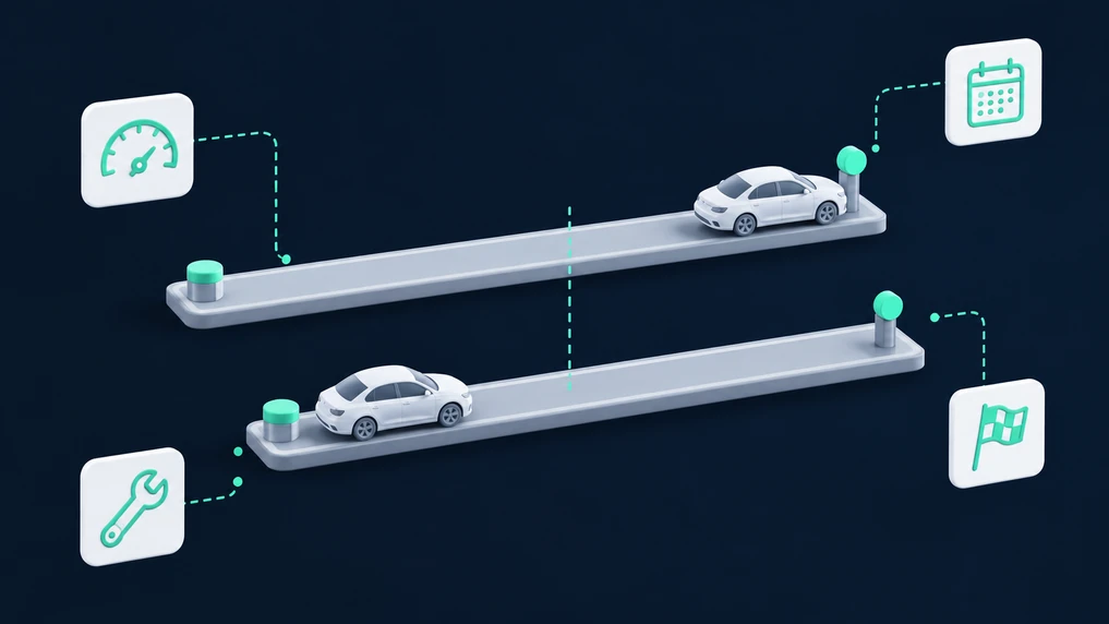 A rental maintenance schedule driven by mileage bands rather than a calendar, with two units at the same age reaching their service thresholds months apart because one ran airport miles and the other sat on a loaner lot
