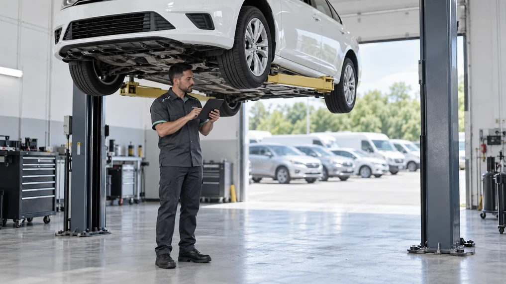 A rental fleet sedan raised on a service-bay lift while a technician works underneath, with a row of rent-ready vehicles visible through the bay door behind it