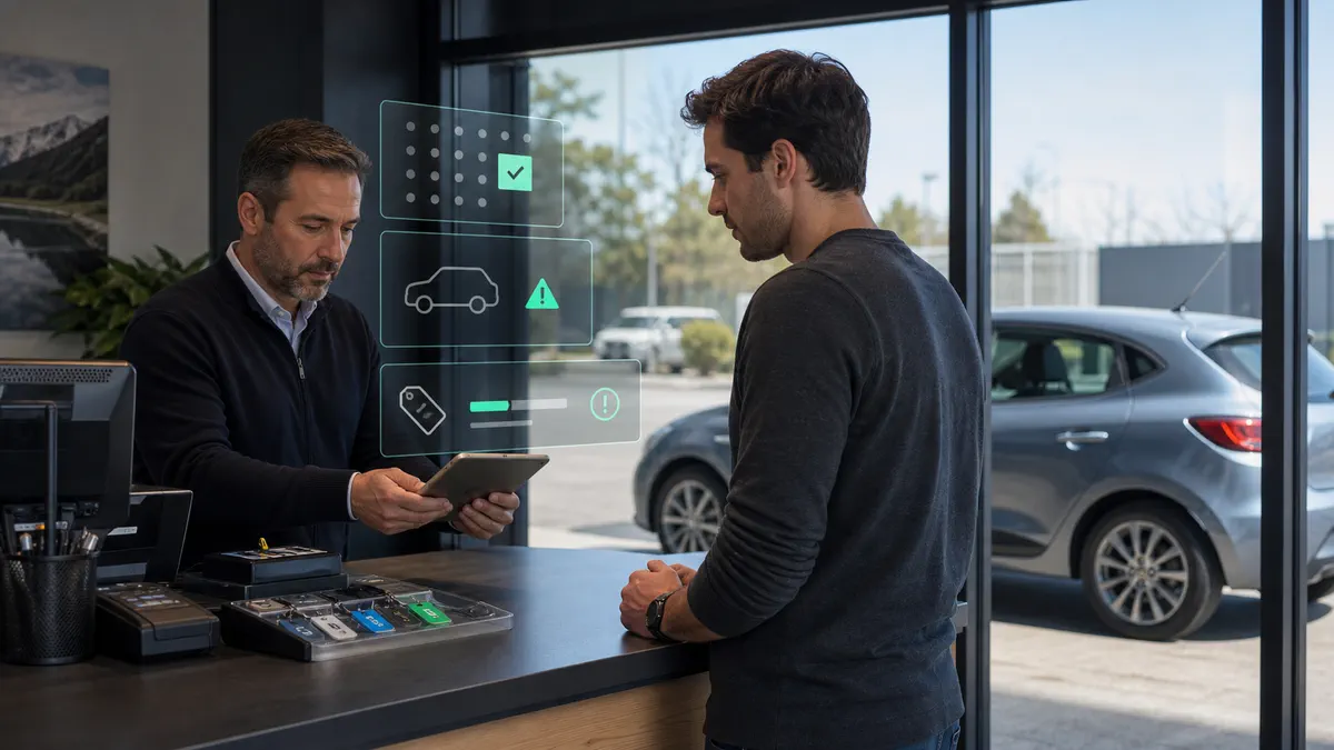 Rental agent and customer resolving a booking exception at the counter, with overlays for reservation, vehicle status, and rate.