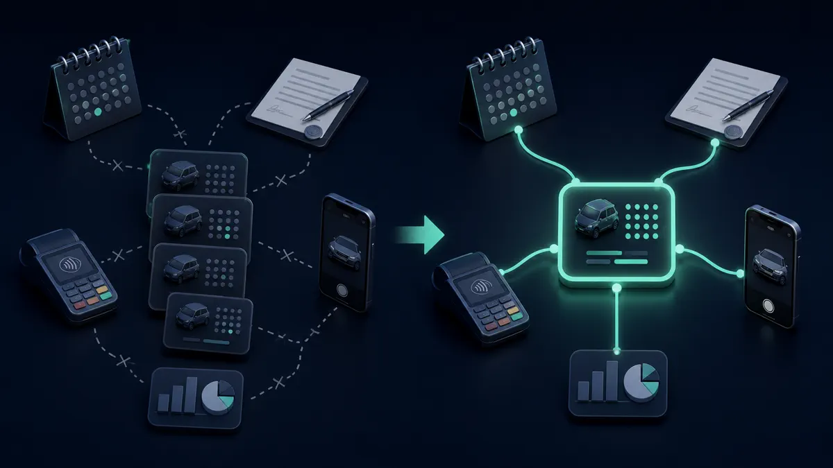 The same rental copied across disconnected records compared with one connected record linking reservation, agreement, payment, inspection, and reporting.
