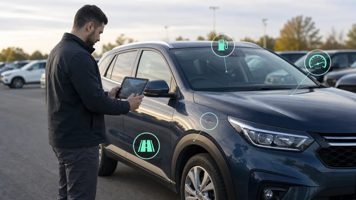Rental employee inspecting a returned vehicle with overlays for fuel, mileage, toll, and body condition.