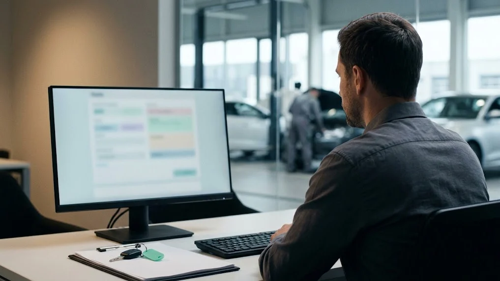 A service advisor filing a courtesy transportation reimbursement claim at a dealership desk, the repair order and keys beside the keyboard