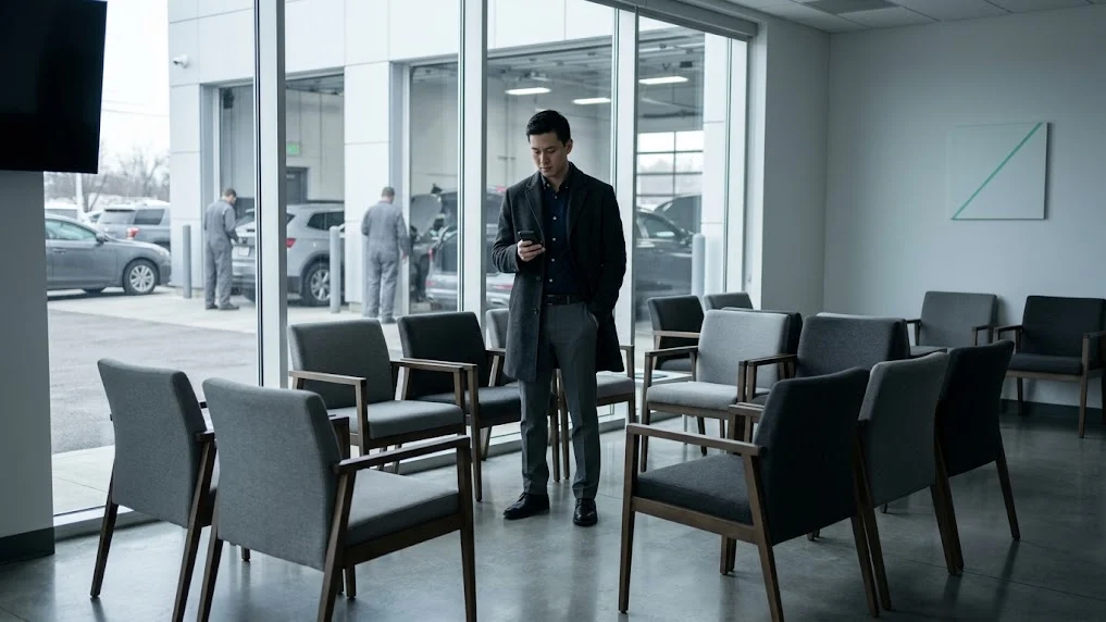 A service customer standing in an empty dealership waiting area checking their phone, with no courtesy vehicle available to them