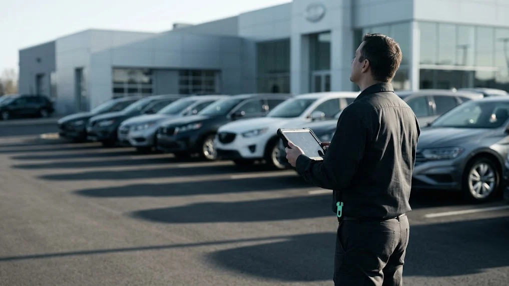 A dealership service manager reviewing loaner fleet status on a tablet while standing among the parked courtesy vehicles