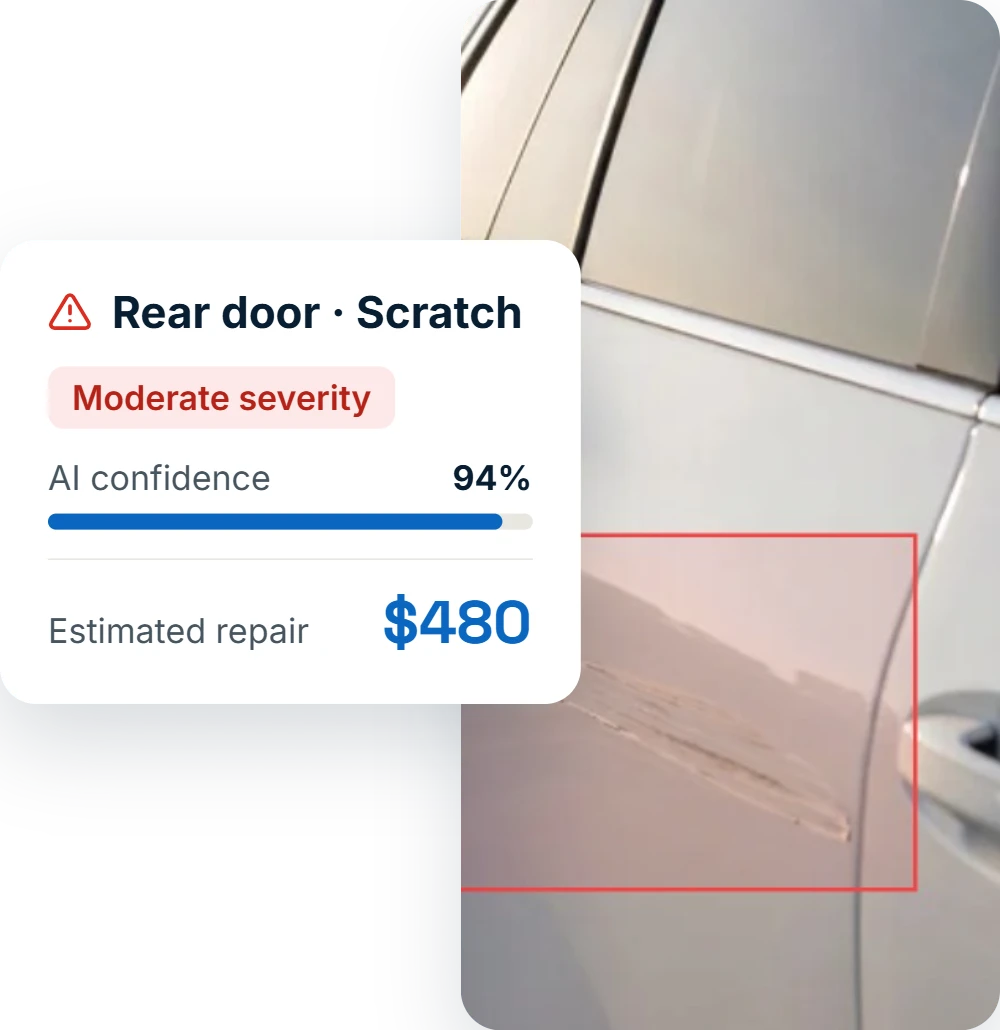 Self Inspection's AI flags a scratch on a rear door: moderate severity, 94% confidence, $480 estimated repair